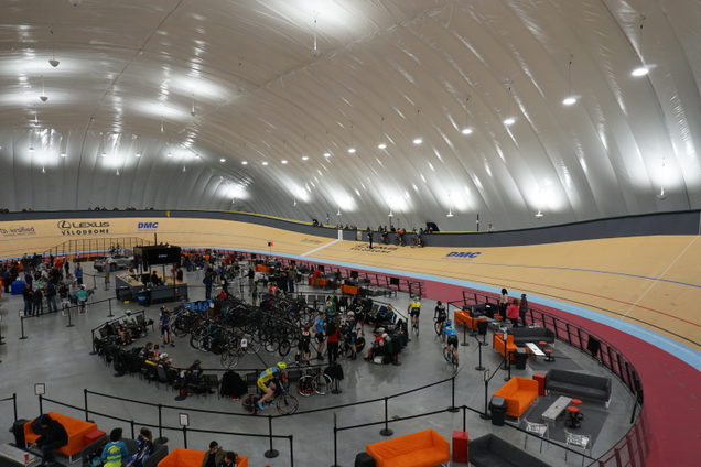 The middle of the track houses seating, a bar, and places for the racers to store their bikes.